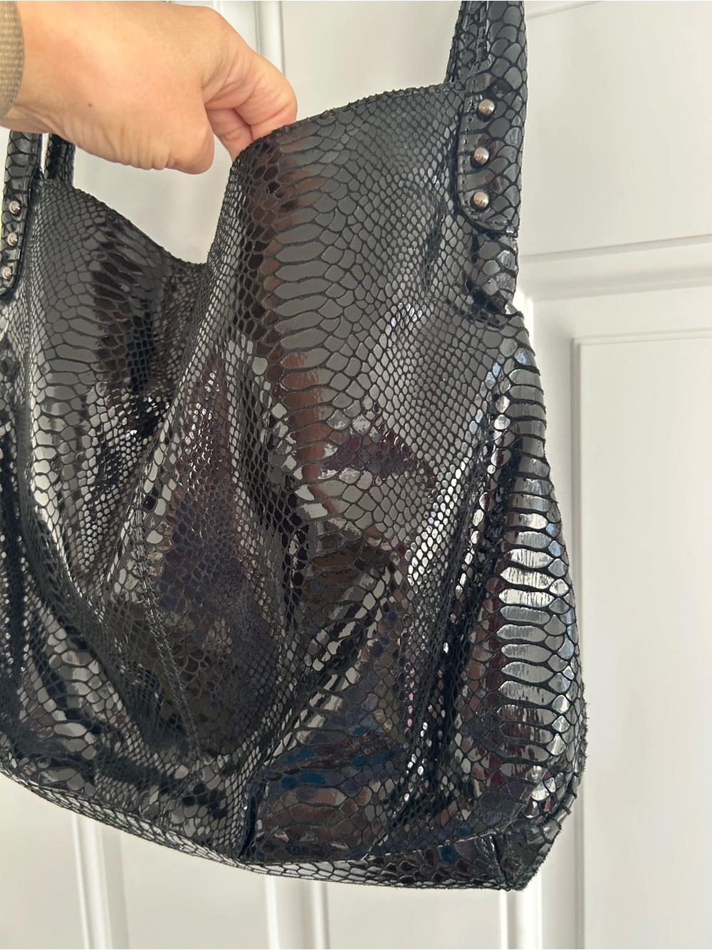 Vintage Y2K Perlina Studio Black Snakeskin Embossed Leather Rope Handle Hobo Bag - Picture 8 of 16